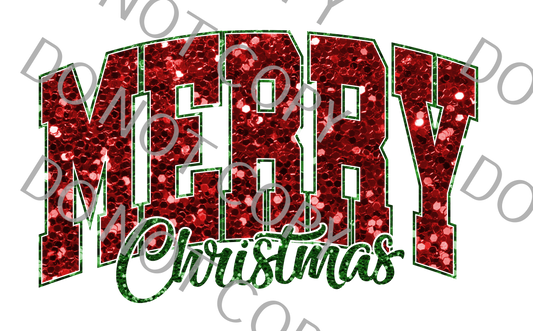 Merry Christmas faux glitter 12in x 7.5in  (DTF print only)